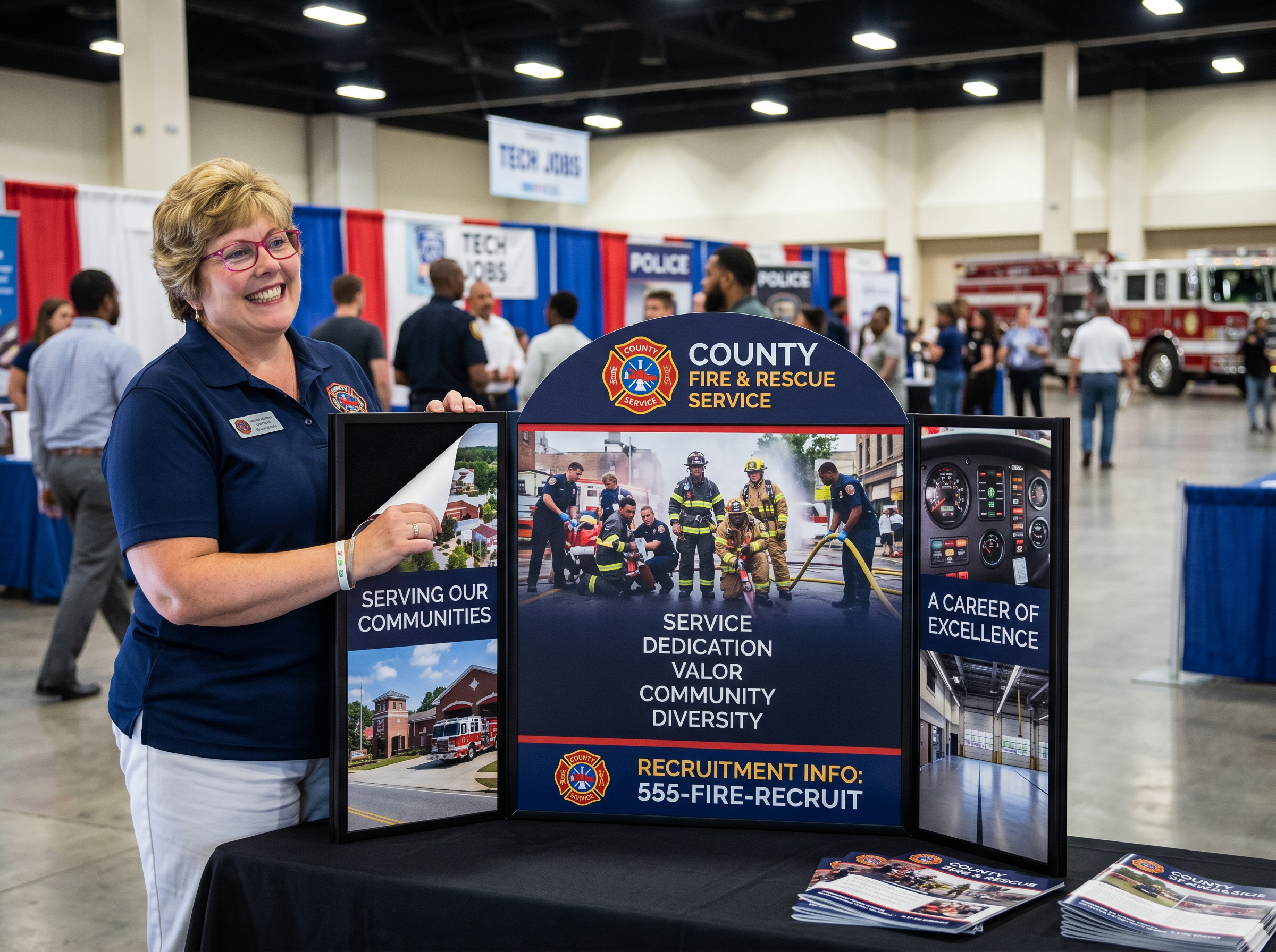 Firefly_Gemini Flash_change the artwork to be a county fire and rescue recruiter and place at a job fair. 301087 (1) Ultralight 24