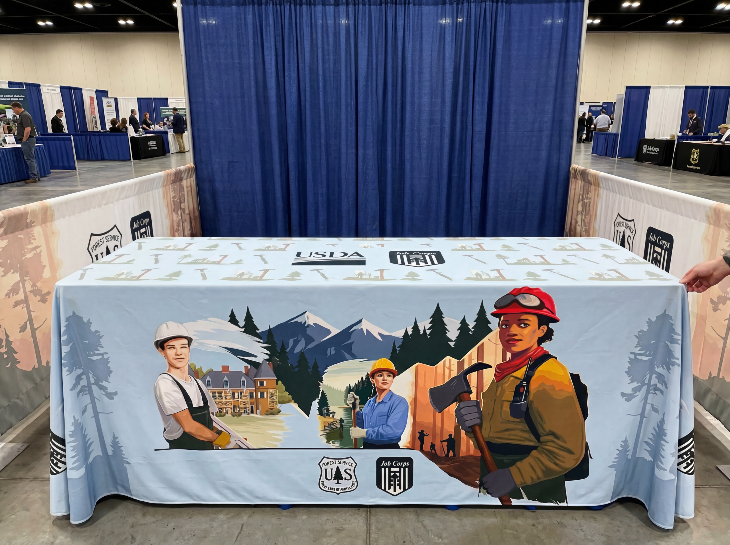 Firefly_Gemini Flash_look good, please remove the display in the back and replace it with a blue curtain w 824001 6 and 8 foot Premium Dye-Sub Table Throw