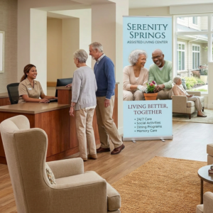 Retractable Banner stand in a nursing home medical setting