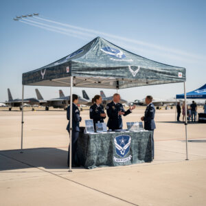 Air Force camouflage popup tent at outdoor airshow event