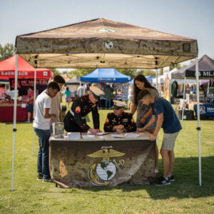 Marine camouflage popup tent at outdoor recruiting event